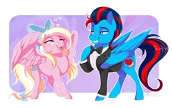 Size: 3348x2100 | Tagged: safe, artist:dvixie, banned from derpibooru, deleted from derpibooru, derpibooru import, oc, oc:andrew swiftwing, oc:bay breeze, unofficial characters only, pegasus, pony, bow, bowtie, clothes, couple, duo, grin, hair bow, smiling, suit, swiftbreeze, swoon, tail bow, wings