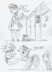 Size: 2120x2911 | Tagged: safe, artist:dilarus, banned from derpibooru, deleted from derpibooru, derpibooru import, spike, twilight sparkle, twilight sparkle (alicorn), alicorn, dog, dragon, pony, comic:the many faces of twilight sparkle, equestria girls, claws, dialogue, horseshoes, implied rainbow dash, implied sunset shimmer, monochrome, not salmon, traditional art, vulgar, wat