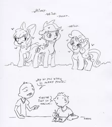 Size: 2322x2625 | Tagged: safe, artist:dilarus, banned from derpibooru, deleted from derpibooru, derpibooru import, apple bloom, scootaloo, sweetie belle, earth pony, human, pegasus, pony, unicorn, breaking the fourth wall, cutie mark crusaders, derp, descriptive noise, dialogue, flies, horse noises, monochrome, onomatopoeia, self deprecation, self insert, size difference, traditional art, whinny