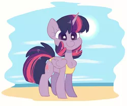 Size: 1434x1199 | Tagged: safe, artist:hiccupsdoesart, banned from derpibooru, deleted from derpibooru, derpibooru import, twilight sparkle, alicorn, beach, bikini, chest fluff, clothes, cute, female, fluffy, mare, smiling, solo, starry eyes, swimsuit, twiabetes, twilight sparkle (alicorn), wingding eyes