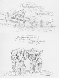 Size: 1080x1440 | Tagged: safe, artist:dilarus, banned from derpibooru, deleted from derpibooru, derpibooru import, apple bloom, sweetie belle, earth pony, pig, pony, unicorn, bow, comic, cute, diving board, farm, female, filly, filthy, grayscale, hair bow, implied applejack, monochrome, mud, mud bath, pencil drawing, pig pen, sketch, summer, traditional art