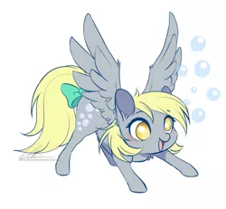 Size: 711x657 | Tagged: source needed, safe, artist:dvixie, banned from derpibooru, deleted from derpibooru, derpibooru import, derpy hooves, pegasus, pony, bow, bubble, cute, derpabetes, female, happy, mare, simple background, solo, spread wings, tail bow, white background, wings