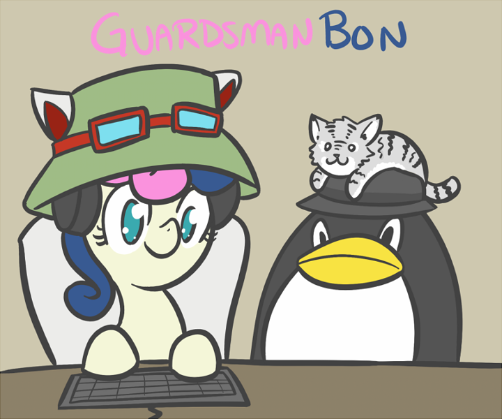 Size: 720x600 | Tagged: safe, artist:atlur, banned from derpibooru, deleted from derpibooru, derpibooru import, bon bon, sweetie drops, bird, cat, penguin, bonafied, bonbonus, bonpun, crossover, guardsman bob, headphones, keyboard, league of legends, pun, teemo