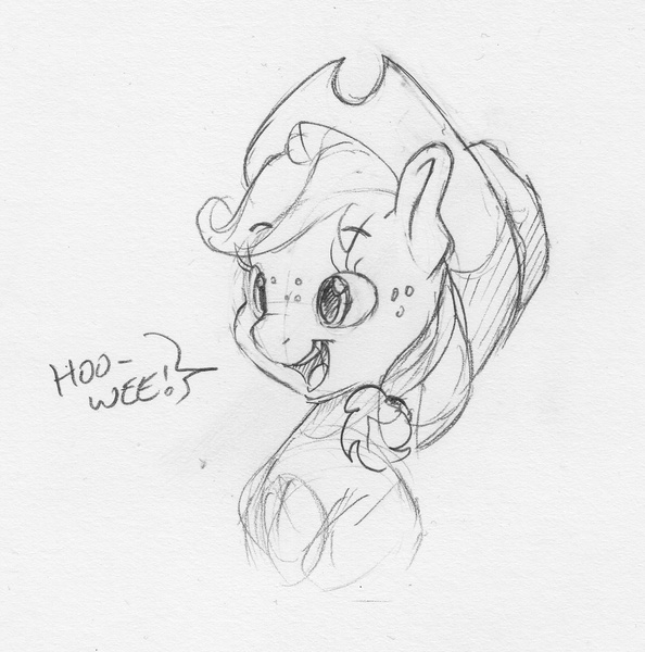 Size: 1600x1616 | Tagged: safe, artist:dilarus, banned from derpibooru, deleted from derpibooru, derpibooru import, applejack, earth pony, pony, cowboy hat, female, freckles, grayscale, hat, mare, monochrome, pencil drawing, sketch, speech bubble, traditional art