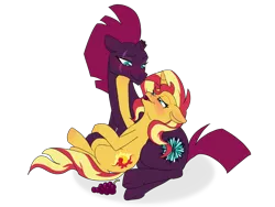 Size: 1024x768 | Tagged: safe, artist:verumteednp, banned from derpibooru, deleted from derpibooru, derpibooru import, fizzlepop berrytwist, sunset shimmer, tempest shadow, pony, unicorn, equestria girls, my little pony: the movie, blushing, broken horn, crack shipping, eye scar, female, food, fruit, grapes, horn, lesbian, scar, shipping, simple background, tempestshimmer, transparent background, underhoof