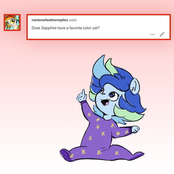 Size: 1280x1280 | Tagged: safe, artist:little-tweenframes, banned from derpibooru, deleted from derpibooru, derpibooru import, oc, oc:sparkling sapphire, series:sciset diary, equestria girls, ask, clothes, female, gradient background, magical lesbian spawn, offspring, pajamas, parent:sci-twi, parent:sunset shimmer, parents:scitwishimmer, pony ears, tumblr