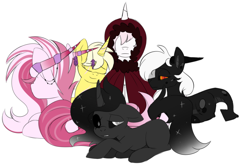 Size: 3388x2308 | Tagged: safe, artist:taaffeiite, banned from derpibooru, deleted from derpibooru, derpibooru import, oc, oc:ashbonde, oc:lemon drops, oc:nightmare, oc:scarlet starlight, oc:solar eclipse, unofficial characters only, dracony, dragon, earth pony, hybrid, pony, unicorn, cloak, clothes, parent:cyberia starlight, parent:sakura starlight, scar, simple background, transparent background