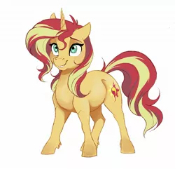 Size: 2048x1973 | Tagged: safe, artist:dvixie, banned from derpibooru, deleted from derpibooru, derpibooru import, sunset shimmer, pony, unicorn, cute, female, fluffy, mare, simple background, smiling, solo, unshorn fetlocks, white background