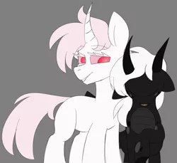 Size: 1548x1416 | Tagged: safe, artist:taaffeiite, banned from derpibooru, deleted from derpibooru, derpibooru import, oc, oc:ashbonde, oc:scarlet starlight, unofficial characters only, dracony, dragon, hybrid, pony, unicorn, colored sketch, female, gray background, mare, parent:cyberia starlight, parent:sakura starlight, simple background, sketch