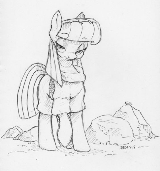 Size: 2211x2358 | Tagged: safe, artist:dilarus, banned from derpibooru, deleted from derpibooru, derpibooru import, boulder (pet), maud pie, earth pony, pony, clothes, female, grayscale, looking at you, mare, monochrome, pencil drawing, signature, simple background, traditional art, white background