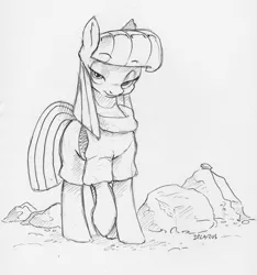 Size: 2211x2358 | Tagged: safe, artist:dilarus, banned from derpibooru, deleted from derpibooru, derpibooru import, boulder (pet), maud pie, earth pony, pony, clothes, female, grayscale, looking at you, mare, monochrome, pencil drawing, signature, simple background, traditional art, white background