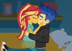 Size: 1024x719 | Tagged: safe, artist:paulysentry, banned from derpibooru, deleted from derpibooru, derpibooru import, flash sentry, sunset shimmer, equestria girls, clothes, converse, female, flashimmer, kissing, male, shipping, shoes, sneakers, straight, watermark