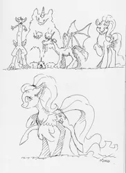 Size: 3075x4232 | Tagged: safe, artist:dilarus, banned from derpibooru, deleted from derpibooru, derpibooru import, fluttershy, twilight sparkle, twilight sparkle (alicorn), alicorn, anthro, pegasus, pony, comic:the many faces of twilight sparkle, alternate hairstyle, anthro with ponies, bat wings, butt wings, monochrome, not salmon, species swap, tallershy, traditional art, wat, wings