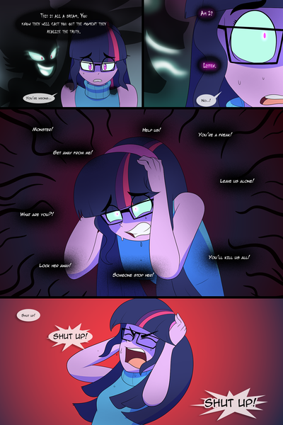 Size: 1280x1920 | Tagged: safe, artist:jase1505, artist:little-tweenframes, banned from derpibooru, deleted from derpibooru, derpibooru import, sci-twi, twilight sparkle, comic:confessions, series:sunlight horizons, equestria girls, comic, dark magic, glasses, glowing eyes, magic, midnight sparkle, panic, scared, screaming, sweat, voices