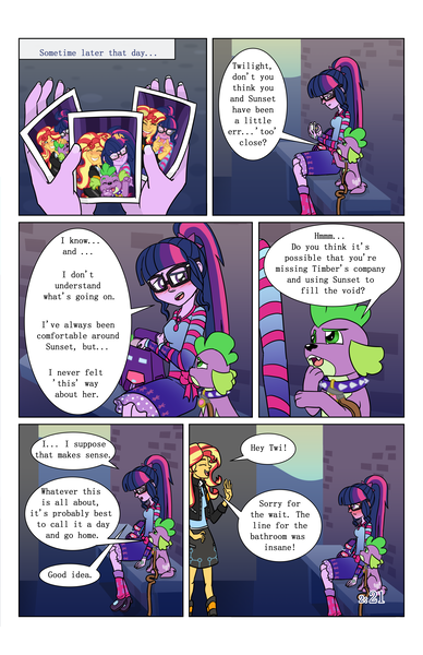 Size: 2650x4096 | Tagged: safe, artist:verumteednp, banned from derpibooru, deleted from derpibooru, derpibooru import, sci-twi, spike, spike the regular dog, sunset shimmer, twilight sparkle, dog, comic:sparkling shimmer, equestria girls, chapter 2, clothes, comic, eyes closed, glasses, open mouth, photo, sitting