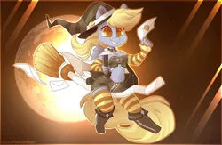 Size: 2300x1500 | Tagged: safe, artist:hiccupsdoesart, banned from derpibooru, deleted from derpibooru, derpibooru import, derpy hooves, anthro, pegasus, broom, clothes, costume, cute, flying, flying broomstick, full moon, halloween, halloween costume, hat, holiday, letter, moon, socks, striped socks, witch, witch costume, witch hat