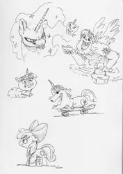 Size: 3099x4384 | Tagged: safe, artist:dilarus, banned from derpibooru, deleted from derpibooru, derpibooru import, apple bloom, nightmare moon, princess celestia, twilight sparkle, alicorn, anthro, earth pony, pony, comic:the many faces of twilight sparkle, anthro with ponies, book, horn, monochrome, not salmon, rule 63, skateboard, species swap, traditional art, vulgar, wat, wings