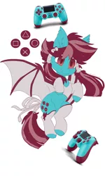 Size: 1500x2500 | Tagged: safe, artist:hiccupsdoesart, banned from derpibooru, deleted from derpibooru, derpibooru import, oc, oc:berry blue, unofficial characters only, bat pony, bat pony oc, bat wings, clothes, controller, playstation, playstation 4, simple background, socks, solo, wings