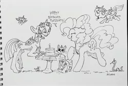 Size: 3155x2122 | Tagged: safe, artist:dilarus, banned from derpibooru, deleted from derpibooru, derpibooru import, pinkie pie, twilight sparkle, twilight sparkle (alicorn), alicorn, anthro, cat, earth pony, mouse, pony, snake, comic:the many faces of twilight sparkle, anthro with ponies, birthday, birthday party, cake, candle, dialogue, food, horn, monochrome, not salmon, party, simple background, species swap, traditional art, wat, white background