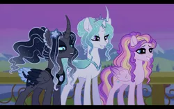 Size: 1600x1000 | Tagged: safe, artist:lopoddity, banned from derpibooru, deleted from derpibooru, derpibooru import, princess skyla, oc, oc:artemis, oc:princess iridescence, alicorn, changeling, changepony, hybrid, pegasus, pony, pandoraverse, agender, alicorn oc, changeling oc, curved horn, ethereal mane, female, horn, interspecies offspring, magical lesbian spawn, mare, next generation, offspring, parent:oc:daedalus ravenwing, parent:princess celestia, parent:princess luna, parent:queen chrysalis, parents:canon x oc, parents:chryslestia, starry mane, trio, unknown sex, wings