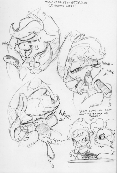 Size: 2221x3285 | Tagged: suggestive, artist:dilarus, banned from derpibooru, deleted from derpibooru, derpibooru import, applejack, pinkie pie, earth pony, pony, blushing, dialogue, eclair, food, monochrome, onomatopoeia, suggestive eating, the many faces of applejack, traditional art