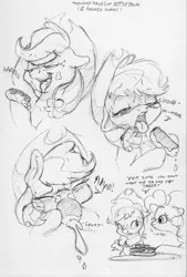 Size: 2221x3285 | Tagged: suggestive, artist:dilarus, banned from derpibooru, deleted from derpibooru, derpibooru import, applejack, pinkie pie, earth pony, pony, blushing, dialogue, eclair, food, monochrome, onomatopoeia, suggestive eating, the many faces of applejack, traditional art