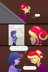 Size: 1000x1500 | Tagged: safe, artist:little-tweenframes, banned from derpibooru, deleted from derpibooru, derpibooru import, sci-twi, sunset shimmer, twilight sparkle, oc, oc:sparkling sapphire, comic:ignition, series:sciset diary, equestria girls, alternate hairstyle, baby, clothes, comic, female, glasses, lesbian, magical lesbian spawn, offspring, open mouth, parent:sci-twi, parent:sunset shimmer, parents:scitwishimmer, ponied up, scitwishimmer, shipping, short hair, sunsetsparkle