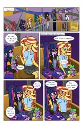 Size: 2650x4096 | Tagged: safe, artist:verumteednp, banned from derpibooru, deleted from derpibooru, derpibooru import, sci-twi, spike, spike the regular dog, sunset shimmer, twilight sparkle, dog, comic:sparkling shimmer, equestria girls, background human, blushing, blushing profusely, chapter 2, clothes, comic, cute, dialogue, female, implied lesbian, implied scitwishimmer, implied shipping, implied sunsetsparkle, speech bubble, spikabetes, spike is not amused, unamused, wubcake, yawn