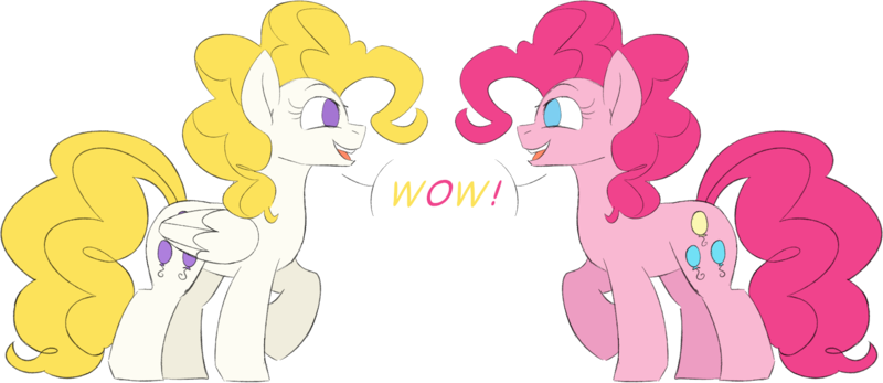 Size: 1553x673 | Tagged: safe, artist:taaffeiite, banned from derpibooru, deleted from derpibooru, derpibooru import, pinkie pie, surprise, earth pony, pegasus, pony, 35th anniversary, dialogue, duo, female, g1, g1 to g4, g4, generation leap, looking at each other, mare, open mouth, raised hoof, simple background, speech bubble, transparent background, wow