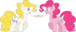 Size: 1553x673 | Tagged: safe, artist:taaffeiite, banned from derpibooru, deleted from derpibooru, derpibooru import, pinkie pie, surprise, earth pony, pegasus, pony, 35th anniversary, dialogue, duo, female, g1, g1 to g4, g4, generation leap, looking at each other, mare, open mouth, raised hoof, simple background, speech bubble, transparent background, wow