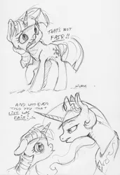 Size: 2152x3144 | Tagged: safe, artist:dilarus, banned from derpibooru, deleted from derpibooru, derpibooru import, princess celestia, twilight sparkle, alicorn, pony, unicorn, black and white, crown, cutie mark, dialogue, duo, duo female, female, grayscale, jewelry, lip quiver, mare, monochrome, open mouth, peytral, pouting, raised hoof, regalia, sketch, teary eyes, traditional art, unicorn twilight