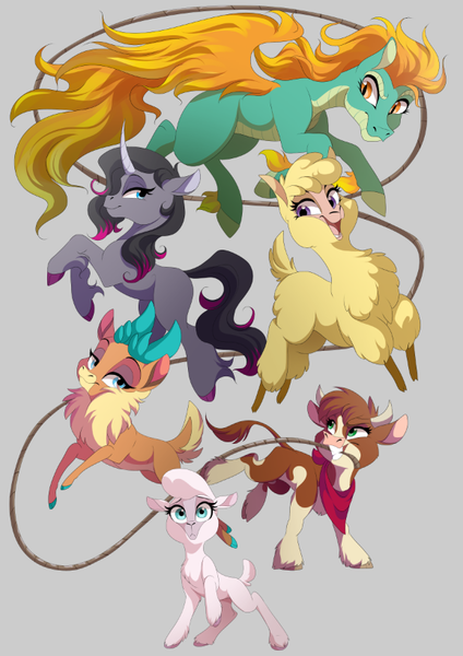 Size: 579x819 | Tagged: safe, artist:dvixie, banned from derpibooru, deleted from derpibooru, derpibooru import, arizona cow, oleander (tfh), paprika paca, pom lamb, tianhuo, velvet reindeer, alpaca, classical unicorn, cow, unicorn, them's fightin' herds, cloven hooves, community related, fightin' six, leonine tail, unshorn fetlocks