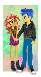 Size: 2701x4959 | Tagged: safe, artist:paulysentry, banned from derpibooru, deleted from derpibooru, derpibooru import, flash sentry, sunset shimmer, equestria girls, equestria girls series, blushing, boots, clothes, converse, cute, female, flashimmer, holding hands, jacket, legs, looking at each other, male, pants, shimmerbetes, shipping, shoes, smiling, sneakers, straight