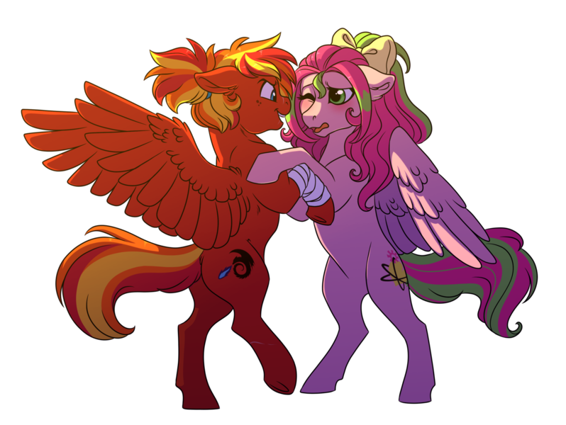 Size: 1600x1203 | Tagged: safe, artist:lopoddity, banned from derpibooru, deleted from derpibooru, derpibooru import, oc, oc:fire strike, oc:precious metal, unofficial characters only, pegasus, pony, bipedal, bow, commission, cutie mark, duo, female, hair bow, mare, simple background, transparent background