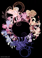 Size: 2000x2757 | Tagged: safe, artist:spacekitty, banned from derpibooru, deleted from derpibooru, derpibooru import, angel bunny, apple bloom, applejack, derpy hooves, discord, fluttershy, pinkie pie, princess celestia, princess luna, rainbow dash, rarity, scootaloo, spike, sweetie belle, tiberius, twilight sparkle, twilight sparkle (alicorn), alicorn, opossum, apple, applebucking, applejack mid tree-buck facing the right with 3 apples falling down, applejack mid tree-buck with 3 apples falling down, apple tree, barrel, bowtie, circle, confetti, cutie mark crusaders, falling, food, lightning, party cannon, scooter, scroll, stormcloud, tree