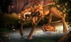 Size: 9048x5403 | Tagged: safe, artist:petrinox, banned from derpibooru, deleted from derpibooru, derpibooru import, oc, oc:rufus, unofficial characters only, bird, pony, unicorn, absurd resolution, autumn, digital art, female, forest, grass, horn, leonine tail, looking down, mare, river, robin, scenery, scenery porn, small horn, solo, tree, water