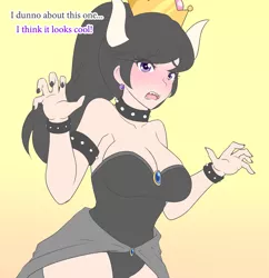 Size: 1280x1323 | Tagged: safe, artist:jonfawkes, artist:little-tweenframes, banned from derpibooru, deleted from derpibooru, derpibooru import, octavia melody, human, ask human octavia, series:sciset diary, blushing, bowsette, breasts, busty octavia, clothes, collaboration, costume, crown, fangs, female, humanized, jewelry, leotard, ponytail, regalia, skirt, super crown