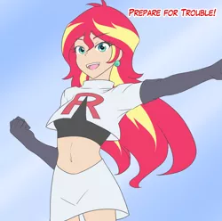 Size: 1280x1271 | Tagged: safe, artist:jonfawkes, artist:little-tweenframes, banned from derpibooru, deleted from derpibooru, derpibooru import, sunset shimmer, human, ask human octavia, series:sciset diary, equestria girls, belly button, clothes, collaboration, costume, female, humanized, midriff, open mouth, pokémon, skirt, team rocket, teeth