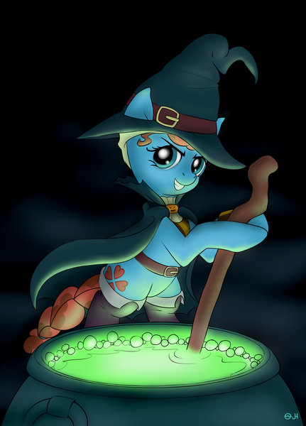 Size: 3241x4515 | Tagged: safe, artist:jh, banned from derpibooru, deleted from derpibooru, derpibooru import, meadowbrook, alternate cutie mark, bipedal, cauldron, cutie mark, halloween, holiday, meadowcute, solo, witch, witch costume, wrong cutie mark