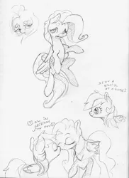 Size: 2416x3311 | Tagged: safe, artist:dilarus, banned from derpibooru, deleted from derpibooru, derpibooru import, fluttershy, rainbow dash, pegasus, pony, dialogue, female, flutterdash, kissing, lesbian, monochrome, shipping, simple background, smol, smoldash, tallershy, traditional art, white background