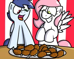 Size: 1000x800 | Tagged: safe, artist:pokefound, banned from derpibooru, deleted from derpibooru, derpibooru import, oc, oc:slipstream, oc:sugar morning, unofficial characters only, pegasus, pony, chicken meat, drool, female, food, fried chicken, happy, heterochromia, kfc, male, mare, meat, oc x oc, ponies eating meat, shipping, stallion, standing, straight, sugarstream, table
