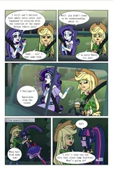 Size: 2650x4096 | Tagged: safe, artist:verumteednp, banned from derpibooru, deleted from derpibooru, derpibooru import, applejack, rarity, sci-twi, twilight sparkle, comic:sparkling shimmer, equestria girls, chapter 2, clothes, comic, cowboy hat, crying, dialogue, female, glasses, hat, running, speech bubble, stetson, truck