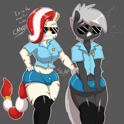 Size: 1280x1280 | Tagged: suggestive, artist:saurian, banned from derpibooru, deleted from derpibooru, derpibooru import, oc, oc:lokibagel, oc:zeze, anthro, zebra, breasts, clothes, costume, crossdressing, crotch bulge, duo, femboy, futa, futa on male, grin, halloween, halloween costume, holiday, intersex, latex, male, piercing, police uniform, slapping, smiling, socks, sunglasses, thigh highs, zebra oc