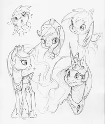 Size: 2361x2787 | Tagged: safe, artist:dilarus, banned from derpibooru, deleted from derpibooru, derpibooru import, applejack, derpy hooves, princess celestia, princess luna, alicorn, earth pony, pegasus, pony, cowboy hat, female, freckles, grayscale, hat, jewelry, mare, monochrome, pencil drawing, question mark, regalia, simple background, traditional art, white background