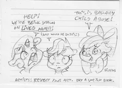 Size: 1783x1297 | Tagged: safe, artist:dilarus, banned from derpibooru, deleted from derpibooru, derpibooru import, apple bloom, scootaloo, sweetie belle, earth pony, pegasus, pony, unicorn, advice, bow, cutie mark crusaders, dialogue, female, filly, grayscale, hair bow, lined paper, literally hell, medium awareness, monochrome, pure unfiltered evil, simple background, traditional art, trio, white background