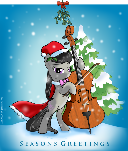 Size: 2978x3489 | Tagged: safe, artist:southparktaoist, banned from derpibooru, deleted from derpibooru, derpibooru import, octavia melody, pony, bipedal, cape, cello, christmas, christmas tree, clothes, hat, holiday, holly, mistletoe, musical instrument, snow, snowfall, solo, tree