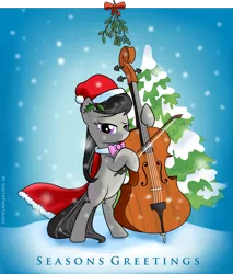 Size: 2978x3489 | Tagged: safe, artist:southparktaoist, banned from derpibooru, deleted from derpibooru, derpibooru import, octavia melody, pony, bipedal, cape, cello, christmas, christmas tree, clothes, hat, holiday, holly, mistletoe, musical instrument, snow, snowfall, solo, tree