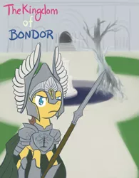 Size: 625x800 | Tagged: safe, artist:atlur, banned from derpibooru, deleted from derpibooru, derpibooru import, bon bon, caramel, sweetie drops, armor, bonafied, bonpun, crossover, gondor, lord of the rings, pun, spear, weapon, white tree of gondor