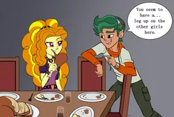 Size: 1024x688 | Tagged: safe, artist:verumteednp, banned from derpibooru, deleted from derpibooru, derpibooru import, adagio dazzle, timber spruce, bird, turkey, equestria girls, legend of everfree, rainbow rocks, chair, clothes, cooked, dead, eating, female, food, looking at each other, male, pun, shipping, smiling, speech bubble, straight, table, timberdazzle, turkey leg