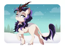 Size: 1024x746 | Tagged: safe, artist:dvixie, banned from derpibooru, deleted from derpibooru, derpibooru import, oc, oc:wintertide frost, unofficial characters only, pony, sounds of silence, cloven hooves, commission, female, image, kirin oc, leonine tail, lidded eyes, png, solo
